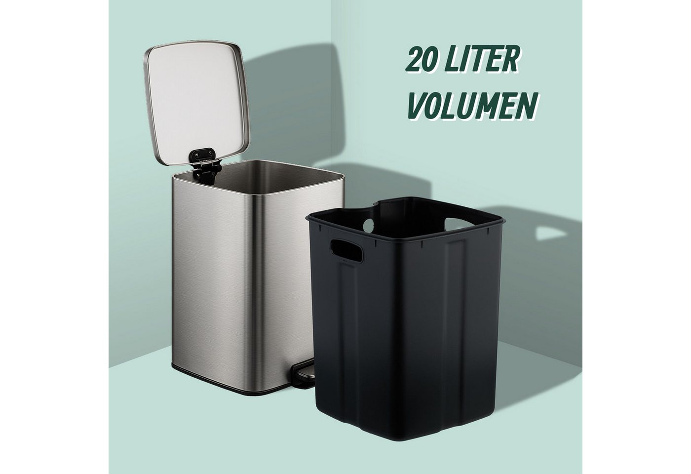 relaxdays Mülleimer Küche 20 Liter mit Müllbeutel, silber – Bild 5 von 5