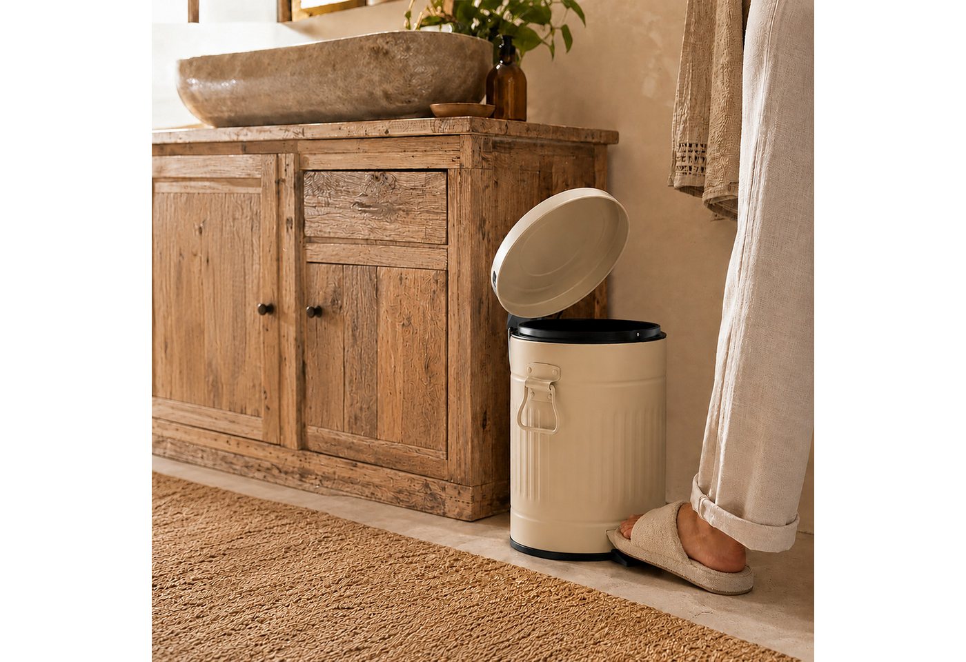 relaxdays Mülleimer Retro Mülleimer 20 Liter, Beige – Bild 3 von 5