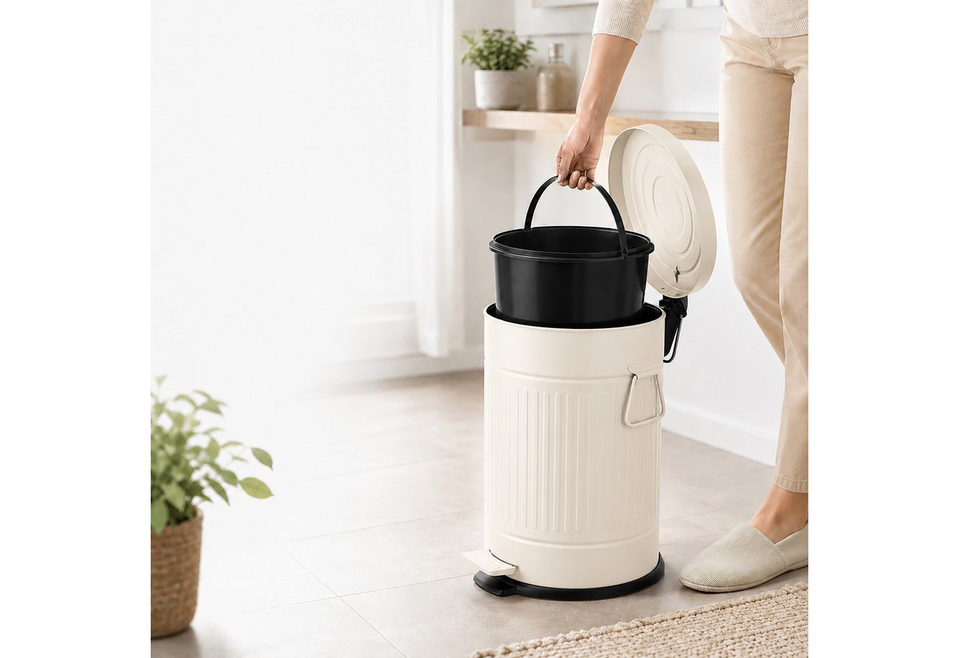 relaxdays Mülleimer Retro Mülleimer 20 Liter, Beige – Bild 5 von 5