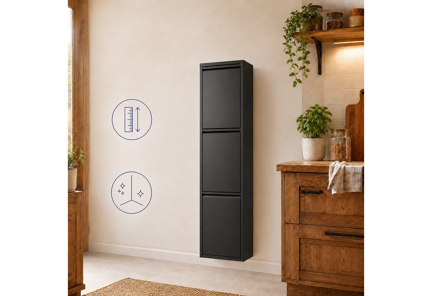 relaxdays Mülltrennsystem Mülleimer 3 Fächer 3x18 l, schwarz – Bild 3 von 5