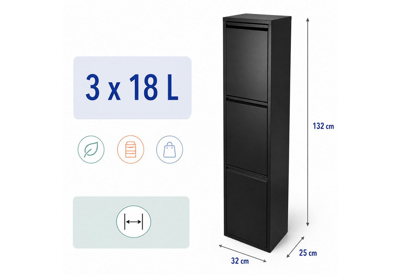 relaxdays Mülltrennsystem Mülleimer 3 Fächer 3x18 l, schwarz – Bild 4 von 5