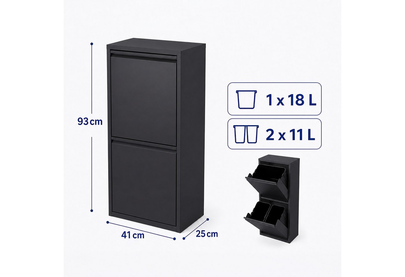 relaxdays Mülltrennsystem Mülleimer 3 Fächer 40 l, schwarz – Bild 4 von 5