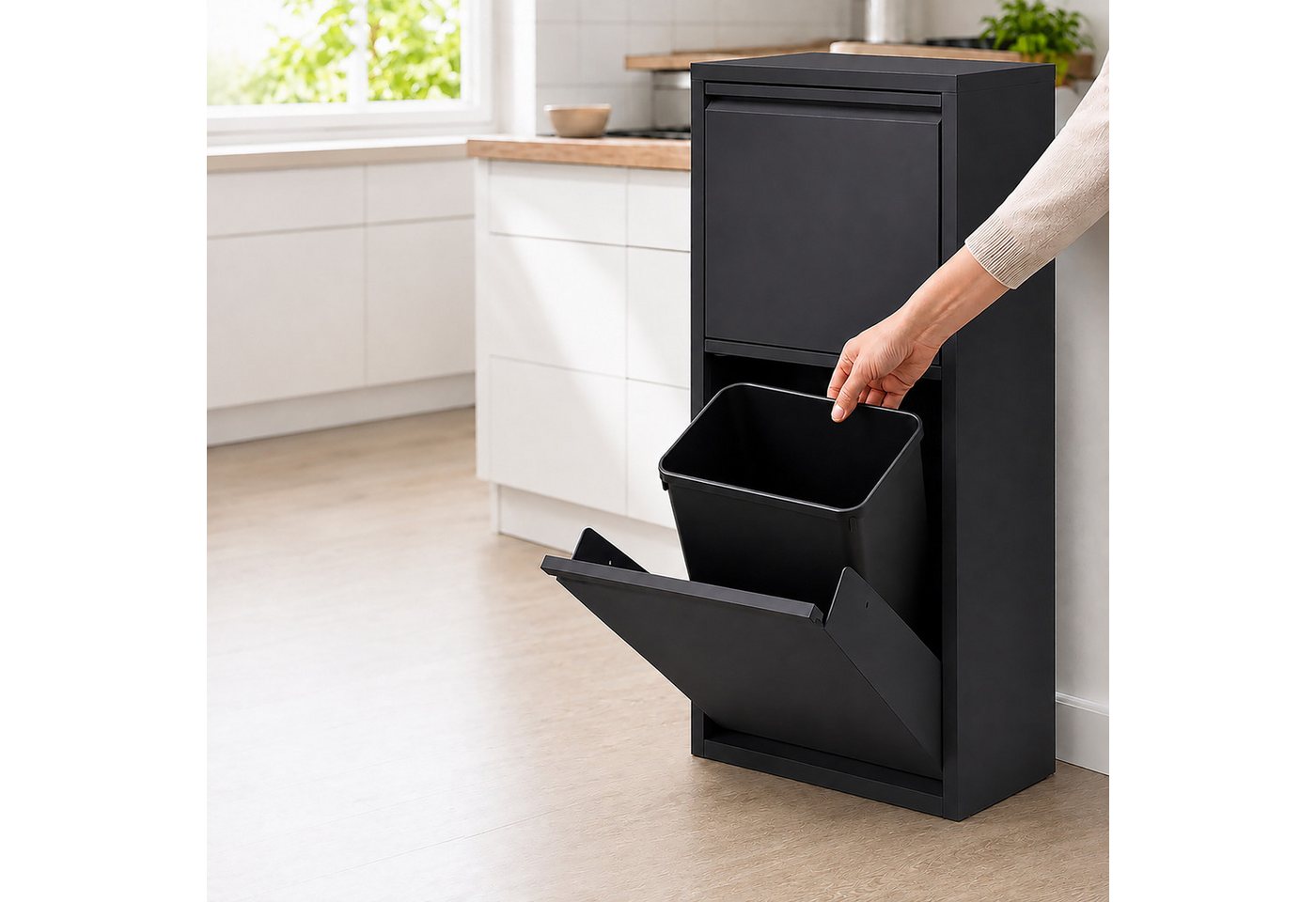 relaxdays Mülltrennsystem Mülleimer 3 Fächer 40 l, schwarz – Bild 5 von 5