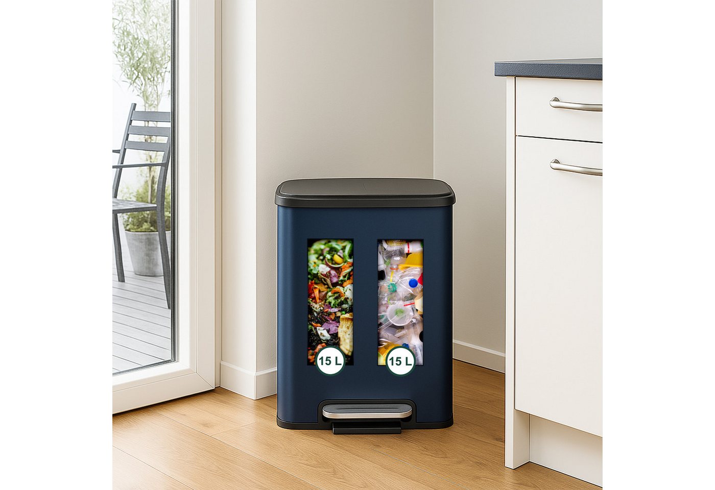 relaxdays Mülltrennsystem Mülleimer mit 2 Fächern 2 x 15 Liter, blau – Bild 5 von 5