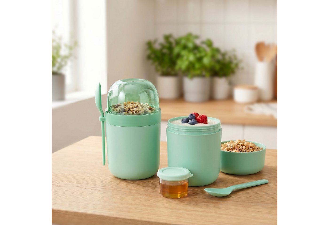 relaxdays Müslibox Müslibecher to go 4er Set, Kunststoff, (4-tlg), grün – Bild 2 von 5