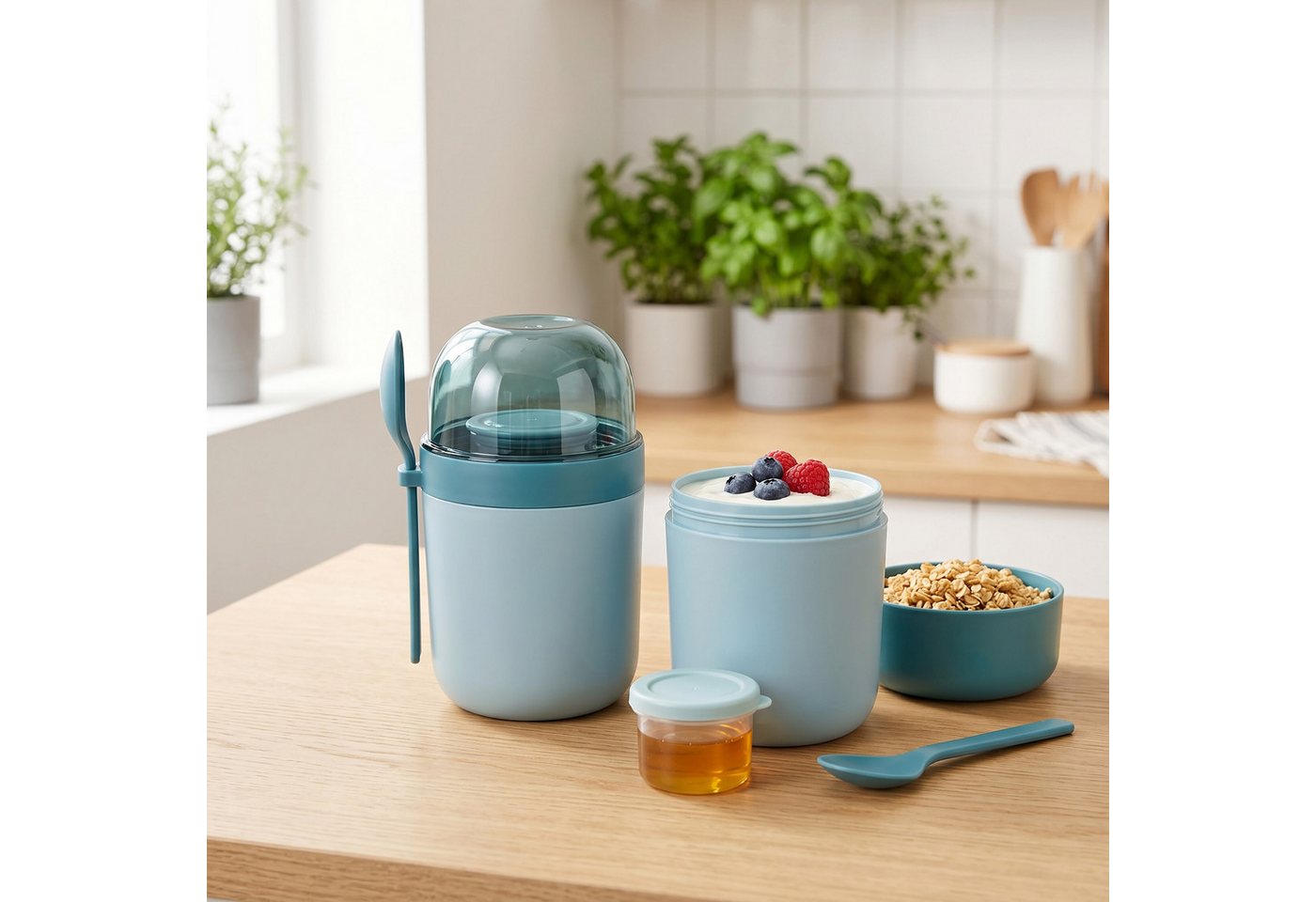 relaxdays Müslibox Müslibecher to go 4er Set, Kunststoff, (4-tlg), blau – Bild 2 von 5