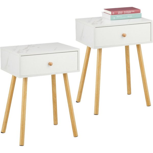 relaxdays Nachttisch Marmoroptik & Holzbeine (2er Set, 2-St., Nachttischschrank in Einzelteilen in Set-Anzahl nach Wahl), 2er Pack
