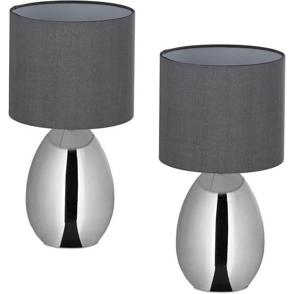 relaxdays Nachttischlampe 2er Set, Ein-/Ausschalter, Ohne Leuchtmittel, silber