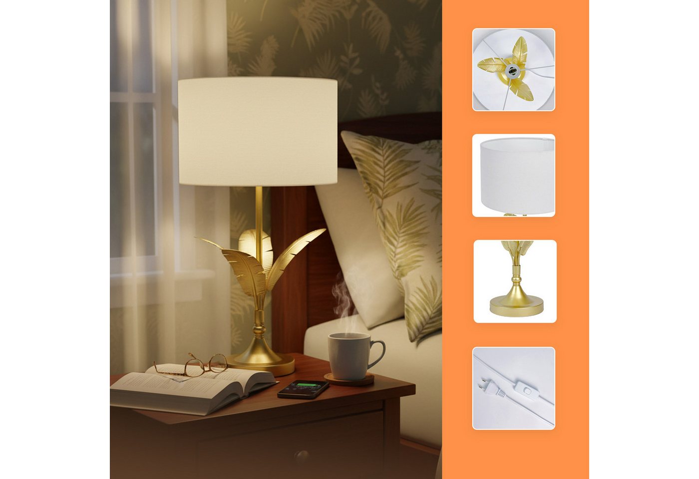 relaxdays Nachttischlampe Lampe Palmenblatt, Mit Ein-/Ausschalter am Kabel, E27-Fassung, E14-Fassung, Tischlampe – Bild 5 von 5
