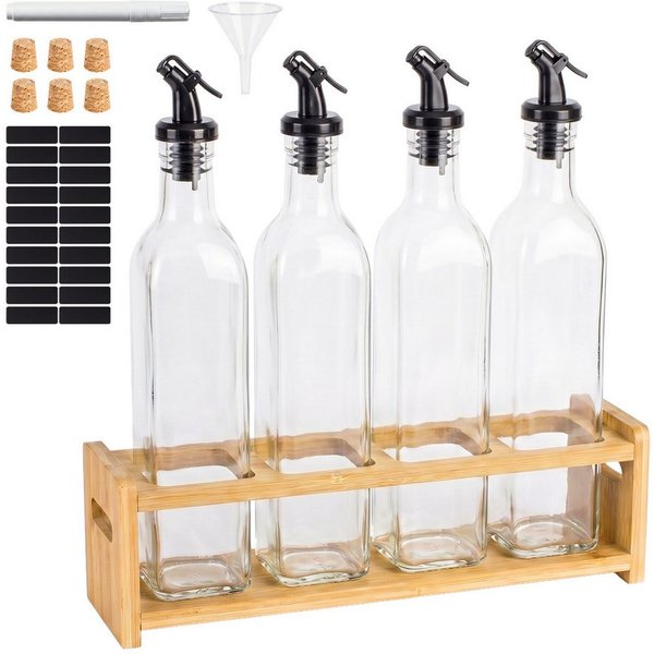 relaxdays Ölspender Öl Flasche mit Bambsuregal 4er Set, (4-tlg)