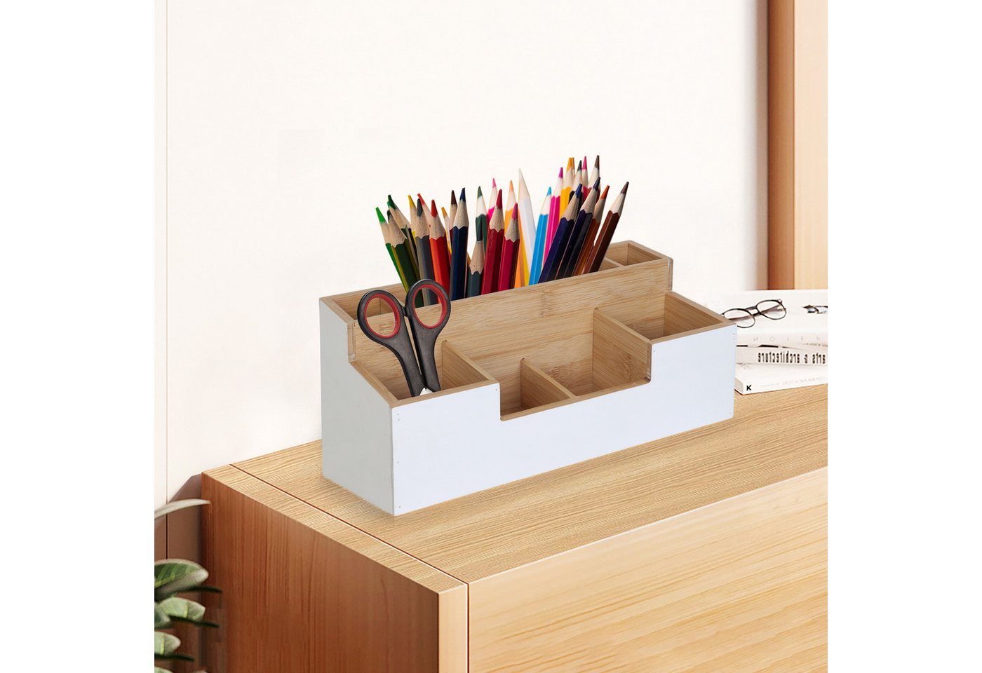relaxdays Organizer Schreibtisch Organizer Bambus 7 Fächer (1 St), weiß – Bild 3 von 5