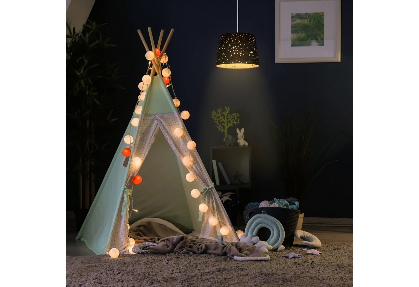 relaxdays Pendelleuchte Kinderzimmerlampe Sterne, 1-flammige Hängelampe mit E27-Fassung und Sternenhimmel-Effekt, Leuchtmittel nicht enthalten, E27-Fassung (max – Bild 5 von 5