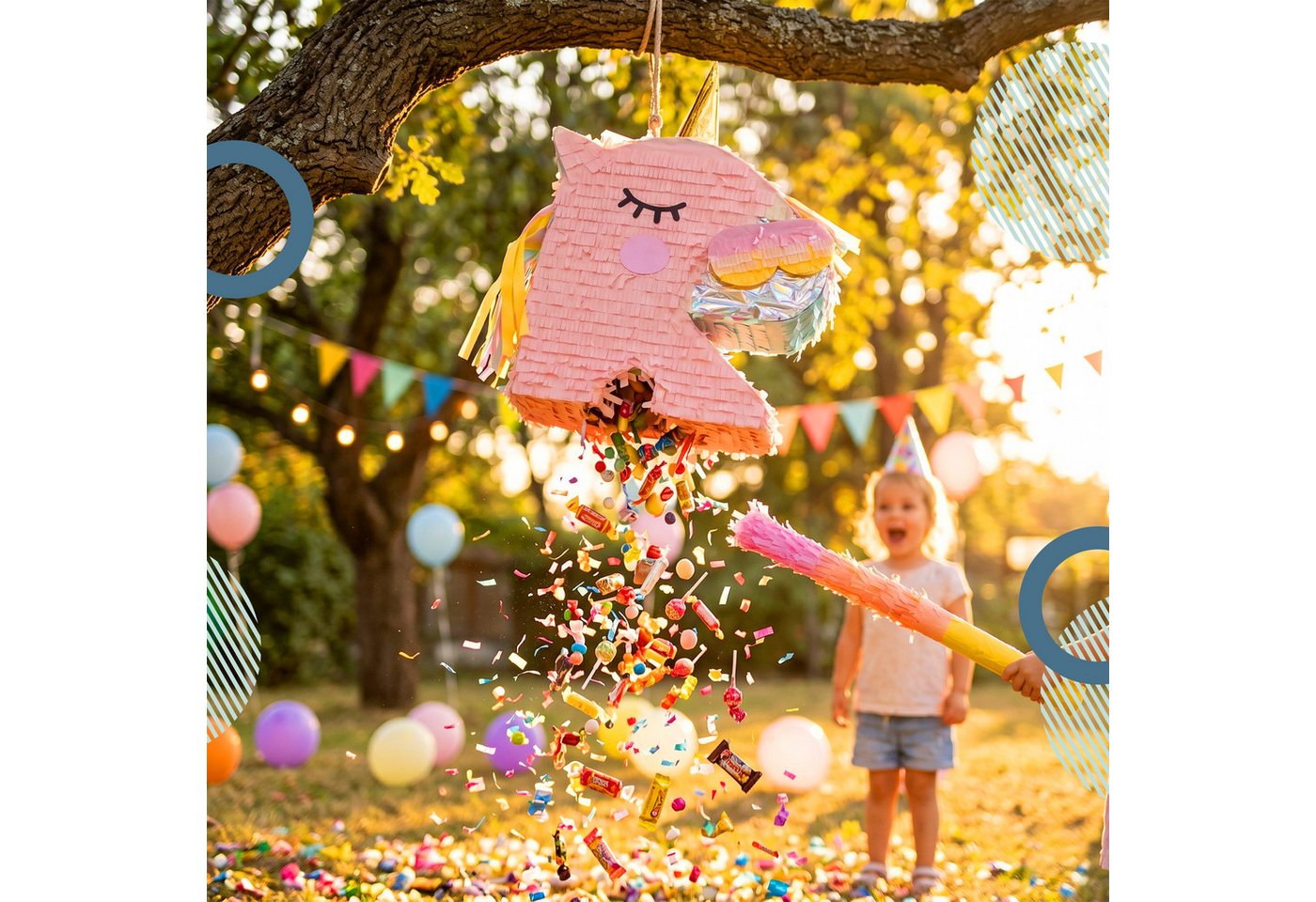 relaxdays Pinata Set Einhorn mit Stab und Maske, Einhornkopf braun – Bild 2 von 5