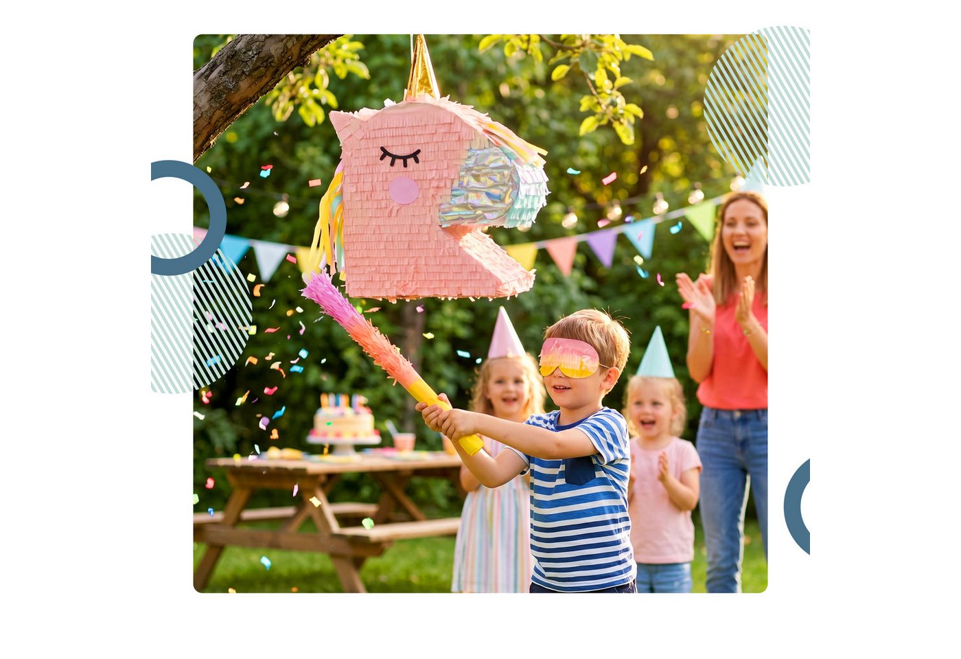 relaxdays Pinata Set Einhorn mit Stab und Maske, Einhornkopf braun – Bild 3 von 5