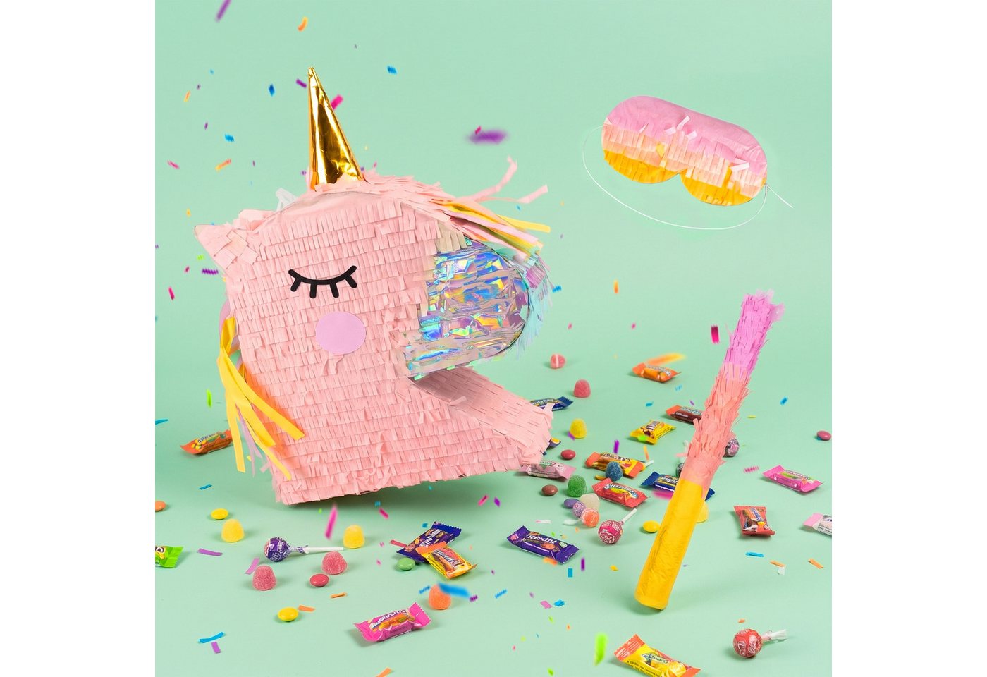 relaxdays Pinata Set Einhorn mit Stab und Maske, Einhornkopf braun – Bild 5 von 5