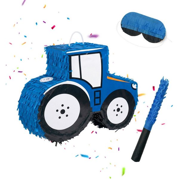 relaxdays Pinata Traktor mit Stab und Maske, blau.