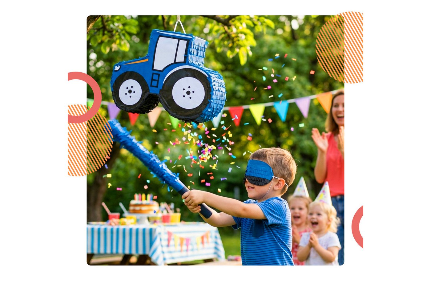 relaxdays Pinata Traktor mit Stab und Maske, blau. – Bild 3 von 5
