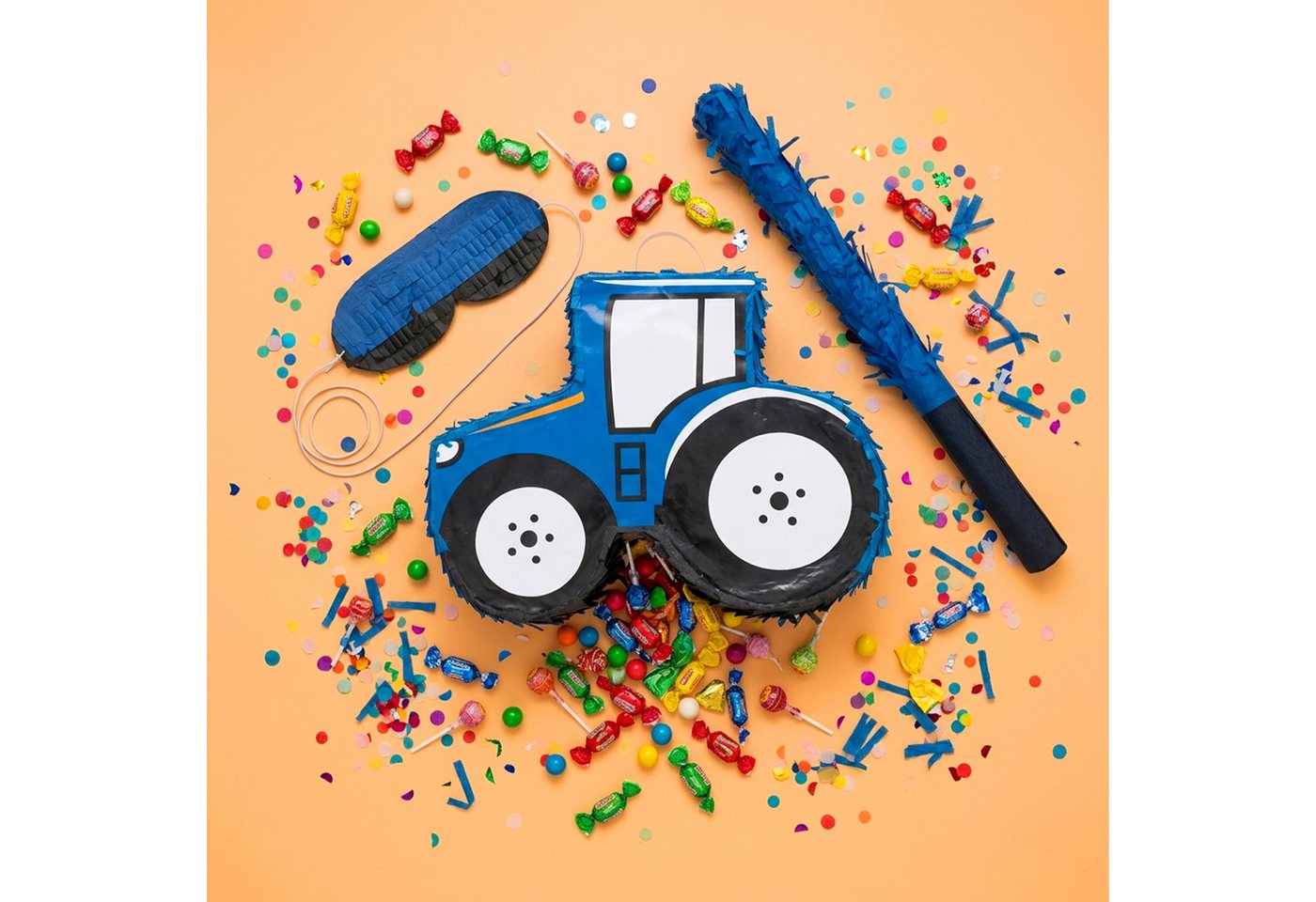 relaxdays Pinata Traktor mit Stab und Maske, blau. – Bild 5 von 5