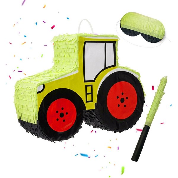relaxdays Pinata Traktor mit Stab und Maske, Hellgrün-Rot