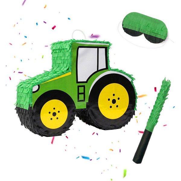 relaxdays Pinata Traktor mit Stab und Maske, Grün-Gelb