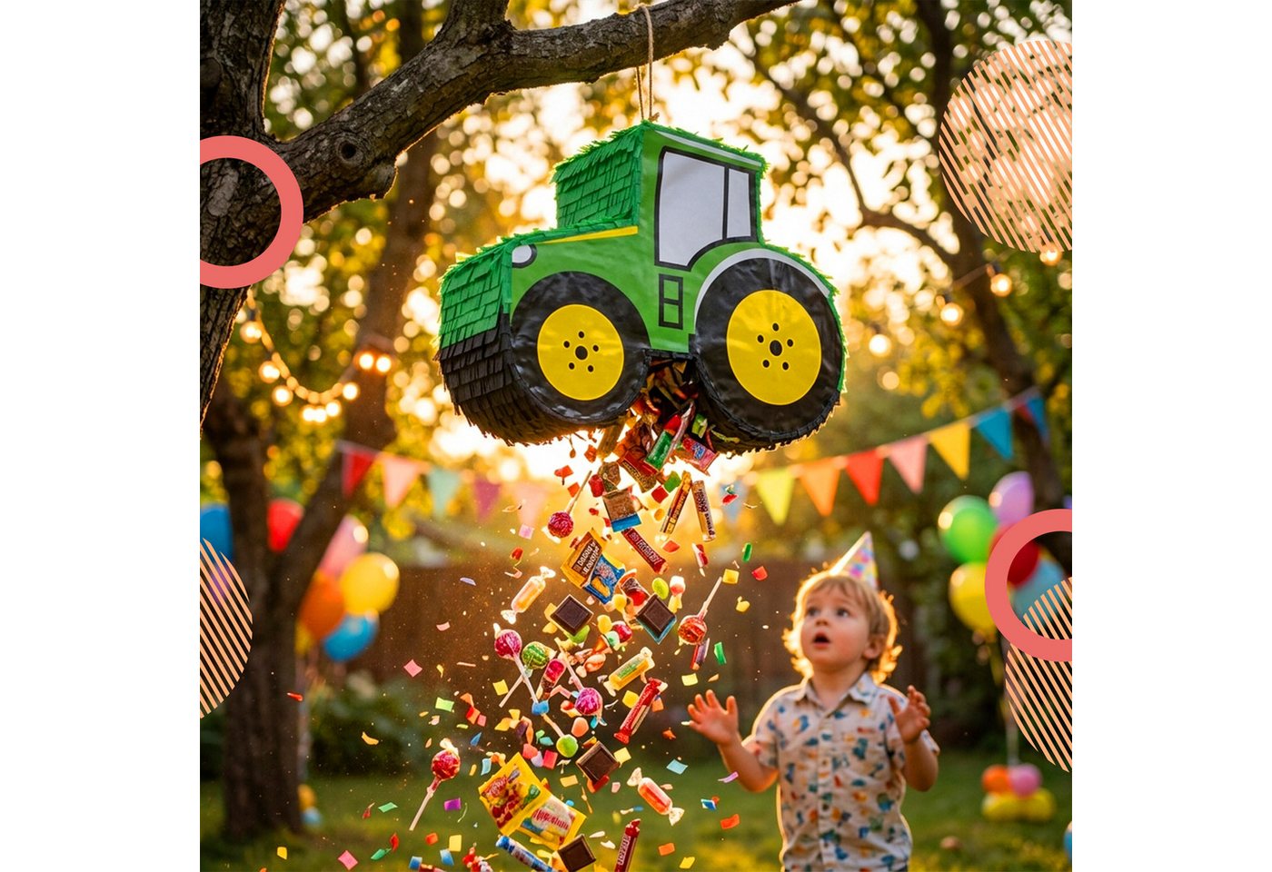relaxdays Pinata Traktor mit Stab und Maske, Grün-Gelb – Bild 2 von 5