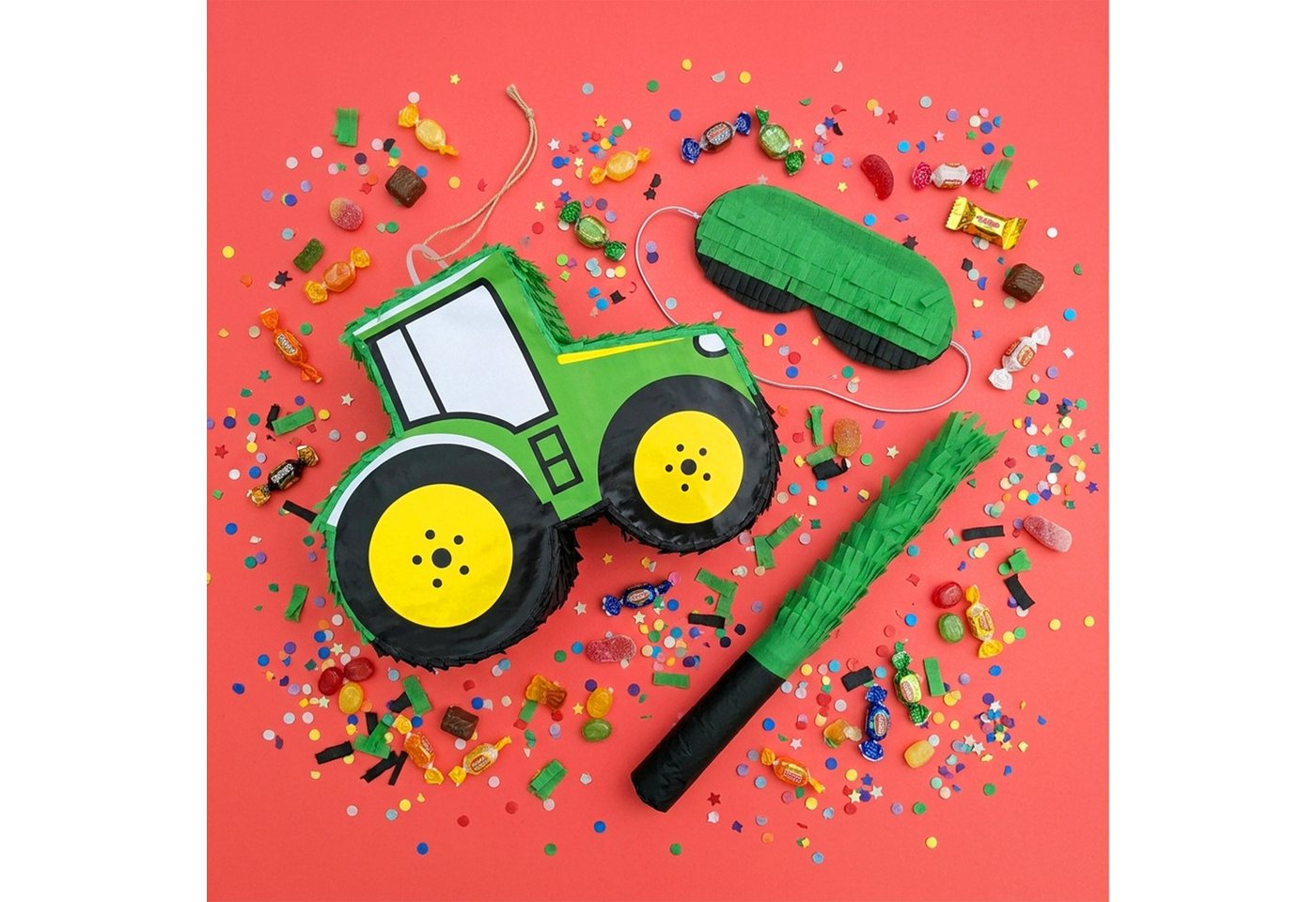 relaxdays Pinata Traktor mit Stab und Maske, Grün-Gelb – Bild 5 von 5