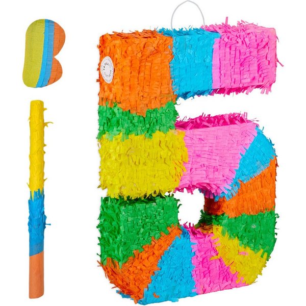 relaxdays Pinata Zahl mit Stab und Maske, 5