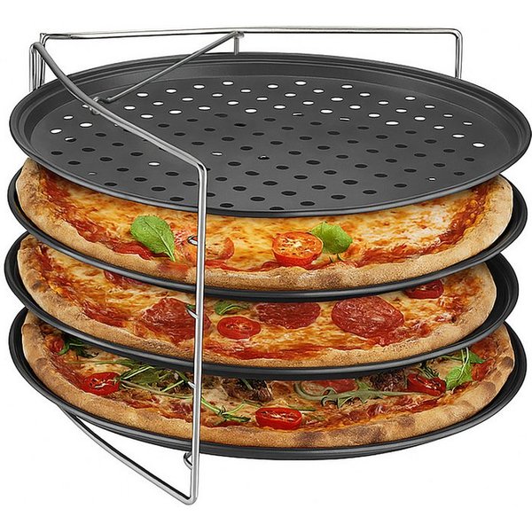 relaxdays Pizzablech Loch Pizzablech 4er Set mit Gestell, Edelstahl, (5-St)