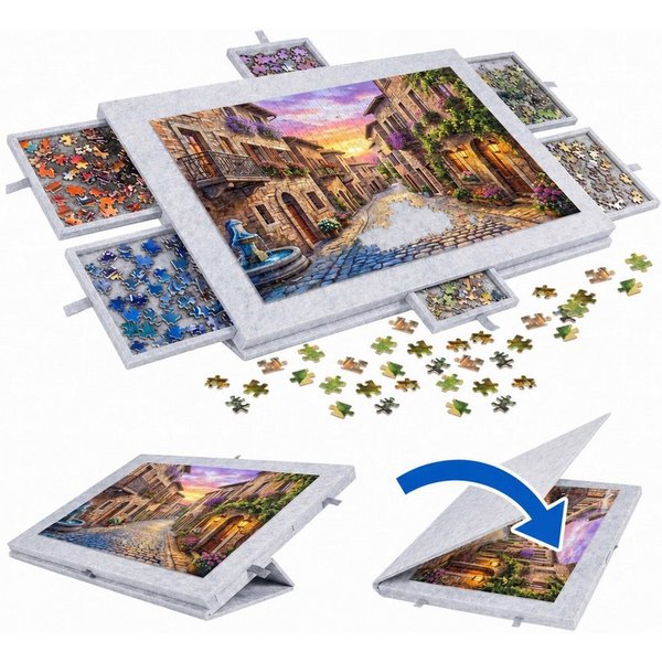 relaxdays Puzzle-Sortierschale Puzzlebrett Filz 6 Schubladen, Hellgrau
