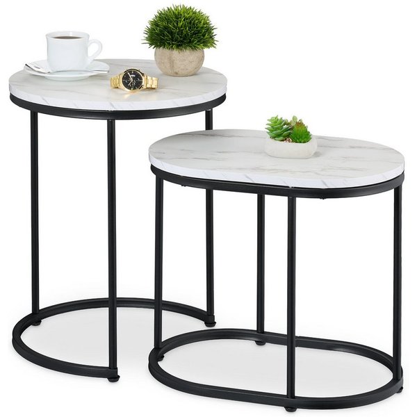 relaxdays Satztisch 2er Set Marmoroptik & Metall (2-St), Weiß-Schwarz