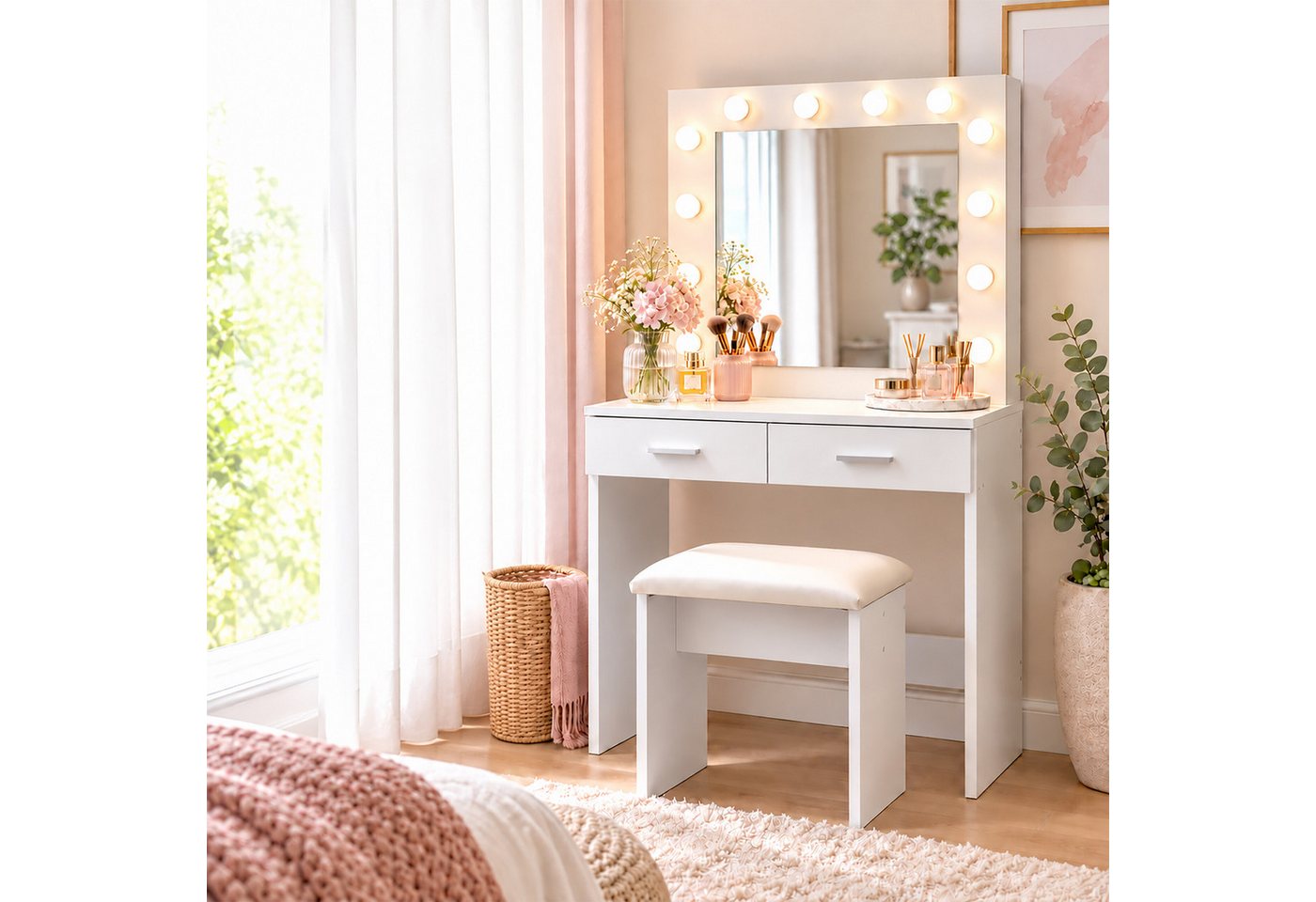 relaxdays Schminktisch mit Hocker & Beleuchtung (3-St), weiß – Bild 3 von 5