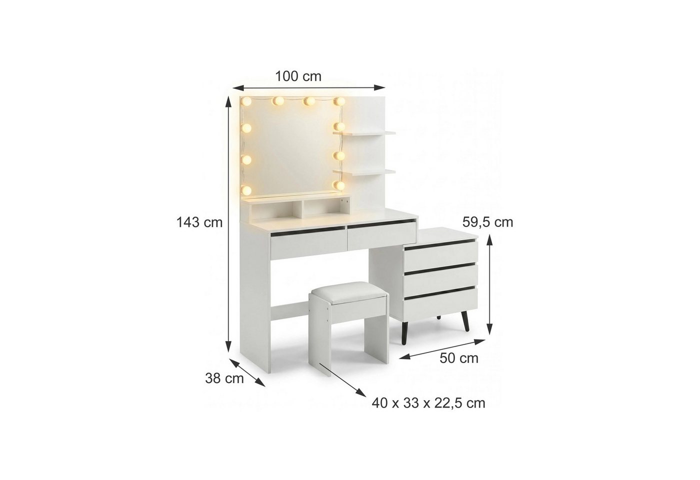 relaxdays Schminktisch mit LED Beleuchtung (2-St) – Bild 4 von 5