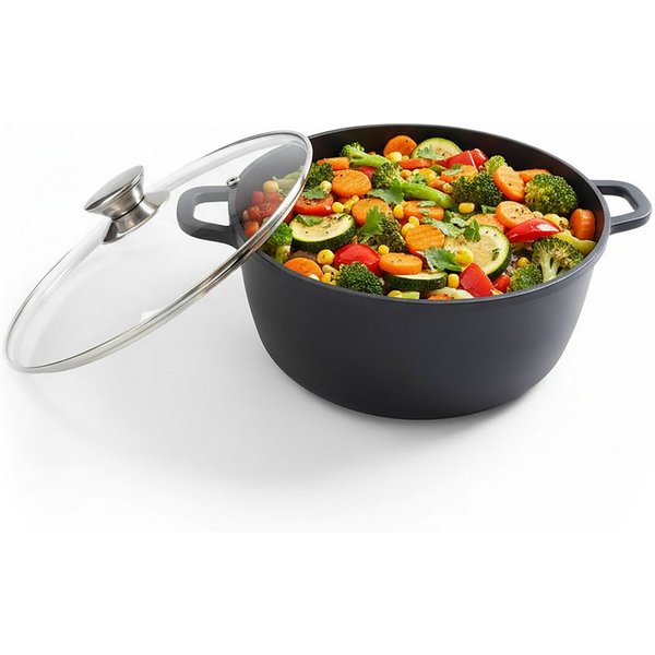 relaxdays Schmortopf mit Glasdeckel, Aluminiumguss (2-tlg), Ø28 cm