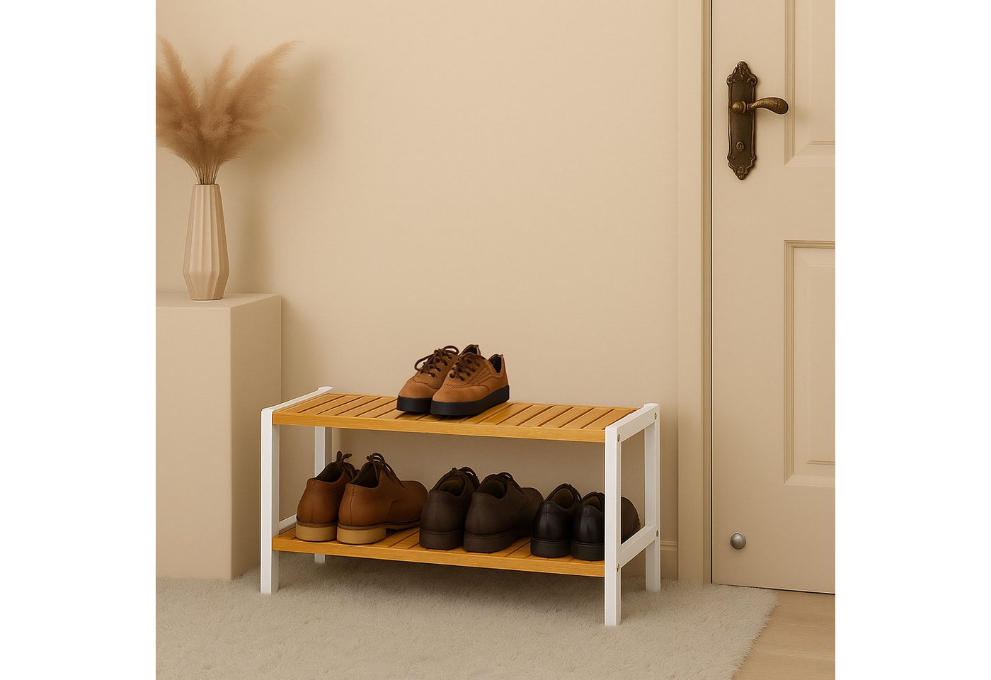 relaxdays Schuhregal aus Bambus, 1-tlg., Natur-Weiß, 2 Ablagen – Bild 3 von 5