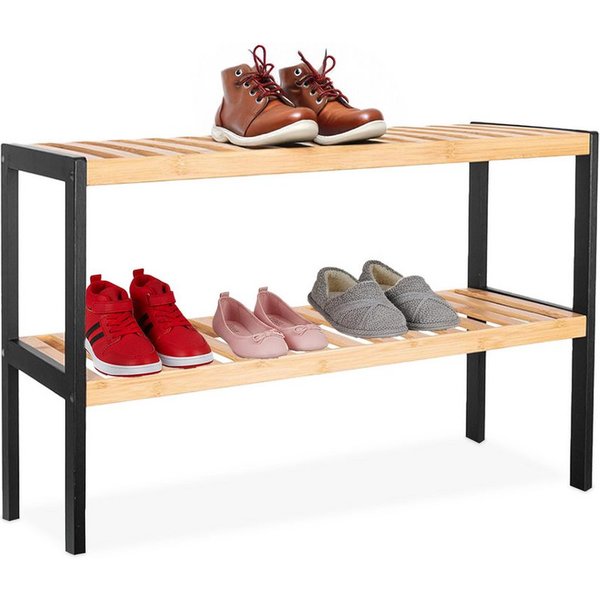 relaxdays Schuhregal aus Bambus, 1-tlg., Natur-Schwarz, 2 Ablagen