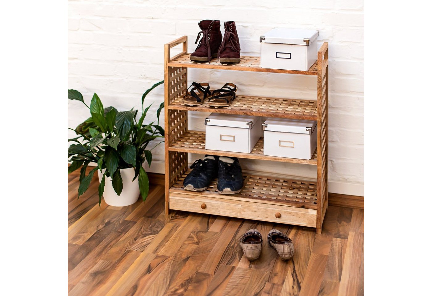 relaxdays Schuhregal Walnuss mit Schublade – Bild 2 von 5