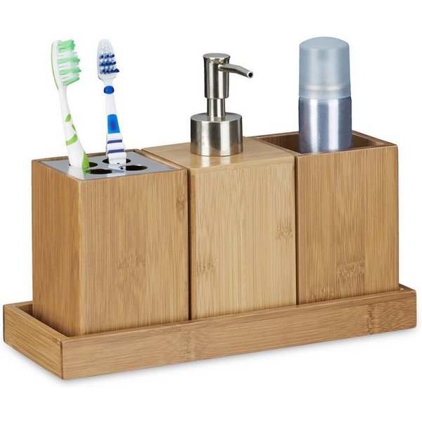 relaxdays Seifenspender Bad-Accessoires-Set Bambus, (4-tlg)