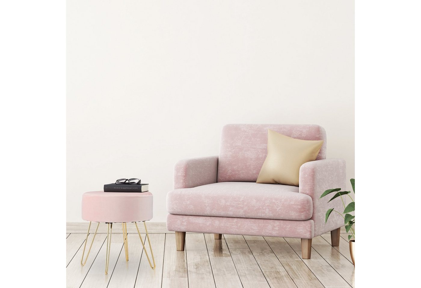 relaxdays Sitzhocker Samthocker mit Metallbeinen rosa (1 St) – Bild 3 von 5