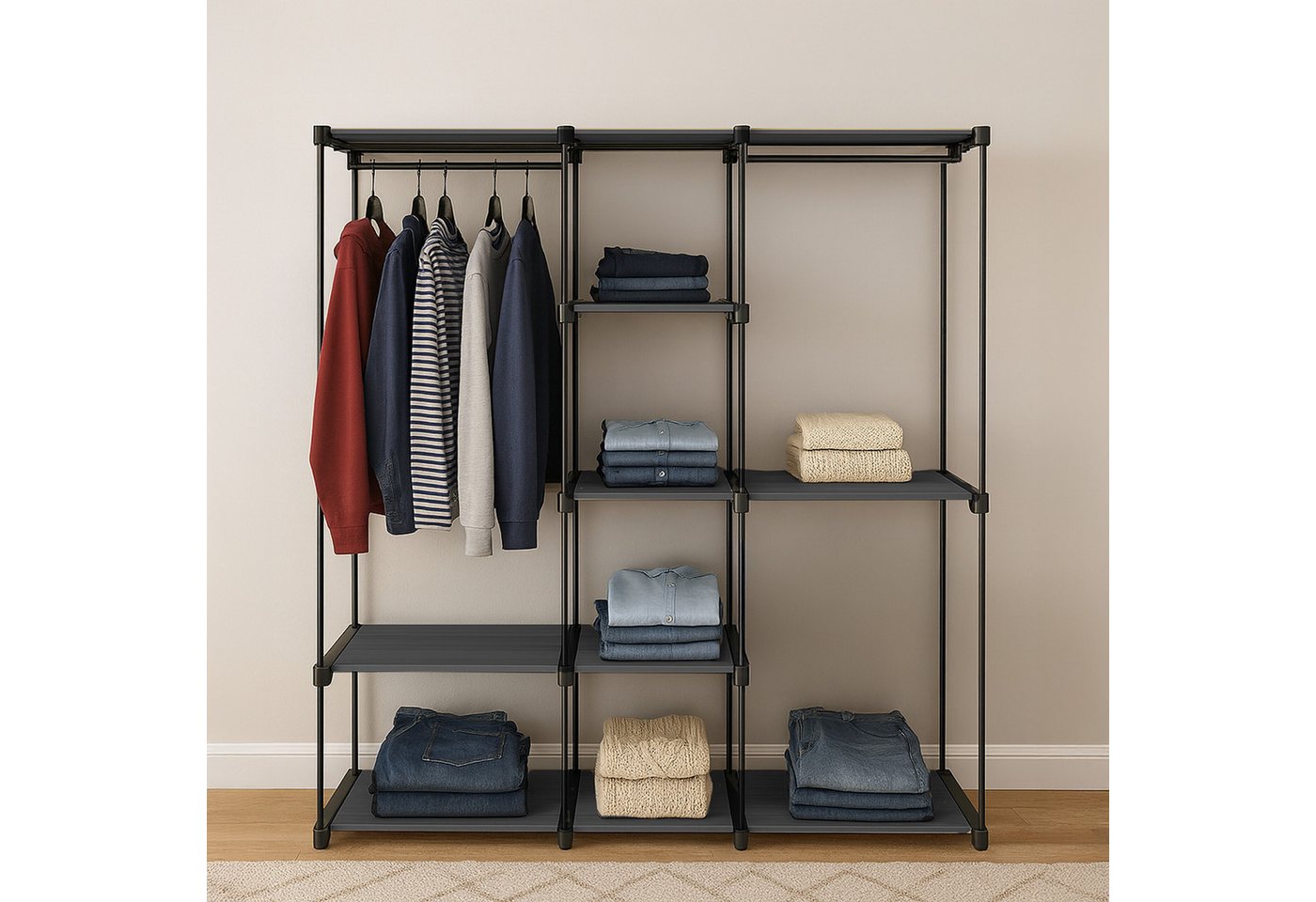 relaxdays Standregal Offene Garderobe, 14-tlg., schwarz – Bild 2 von 5
