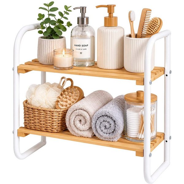 relaxdays Standregal Regal Bambus & Metall, 1-tlg., Holzoptik-Weiß