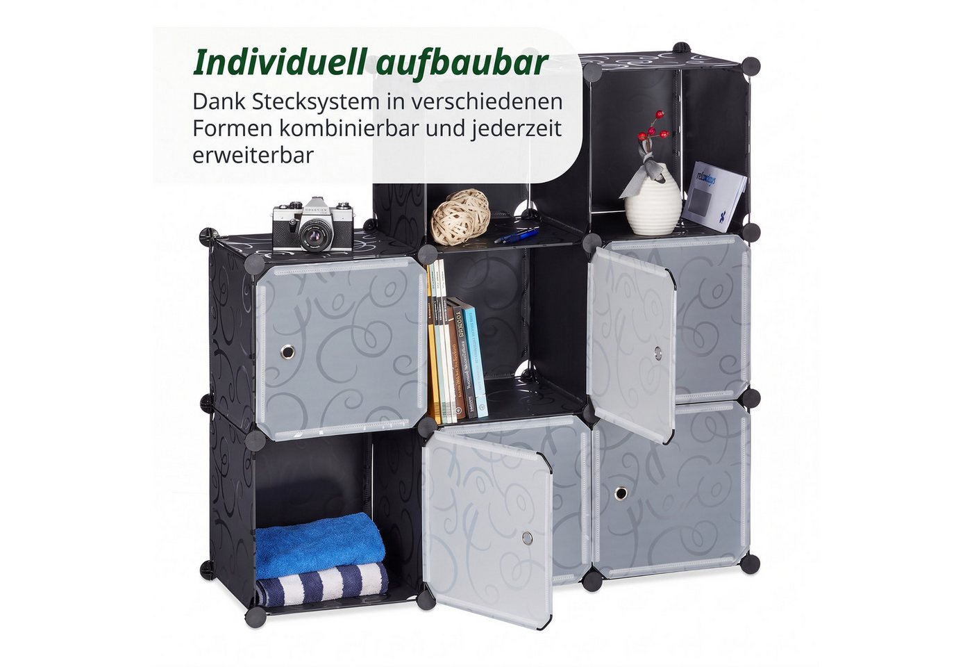 relaxdays Steckregal Regalsystem mit Türen, 76-tlg., schwarz – Bild 3 von 5
