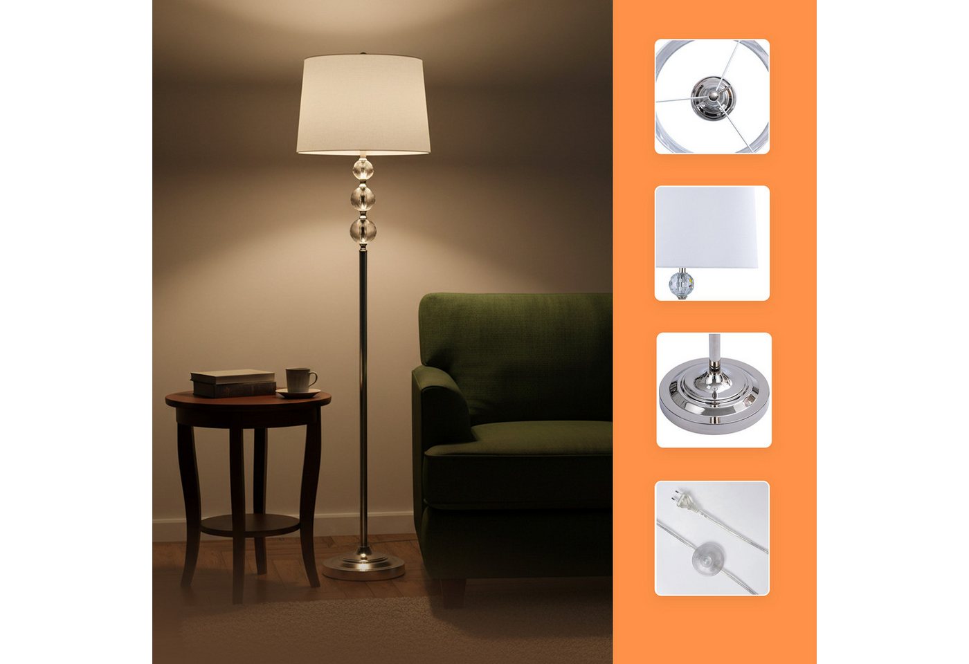 relaxdays Stehlampe Kristall, Bequeme Bedienung per Fußschalter, E27-Fassung (max. 60 W), Leuchtmittel nicht enthalten, weiß – Bild 5 von 5