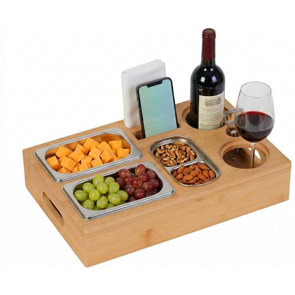 relaxdays Tablett Couchbar mit 3 Edelstahl-Snackschalen, Bambus, (4-tlg), natur