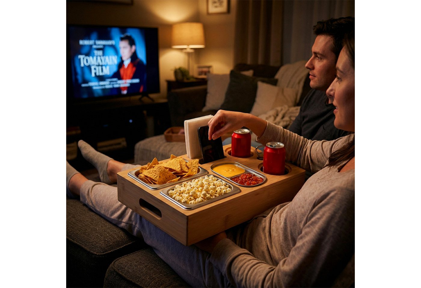 relaxdays Tablett Couchbar mit 3 Edelstahl-Snackschalen, Bambus, (4-tlg), natur – Bild 2 von 5