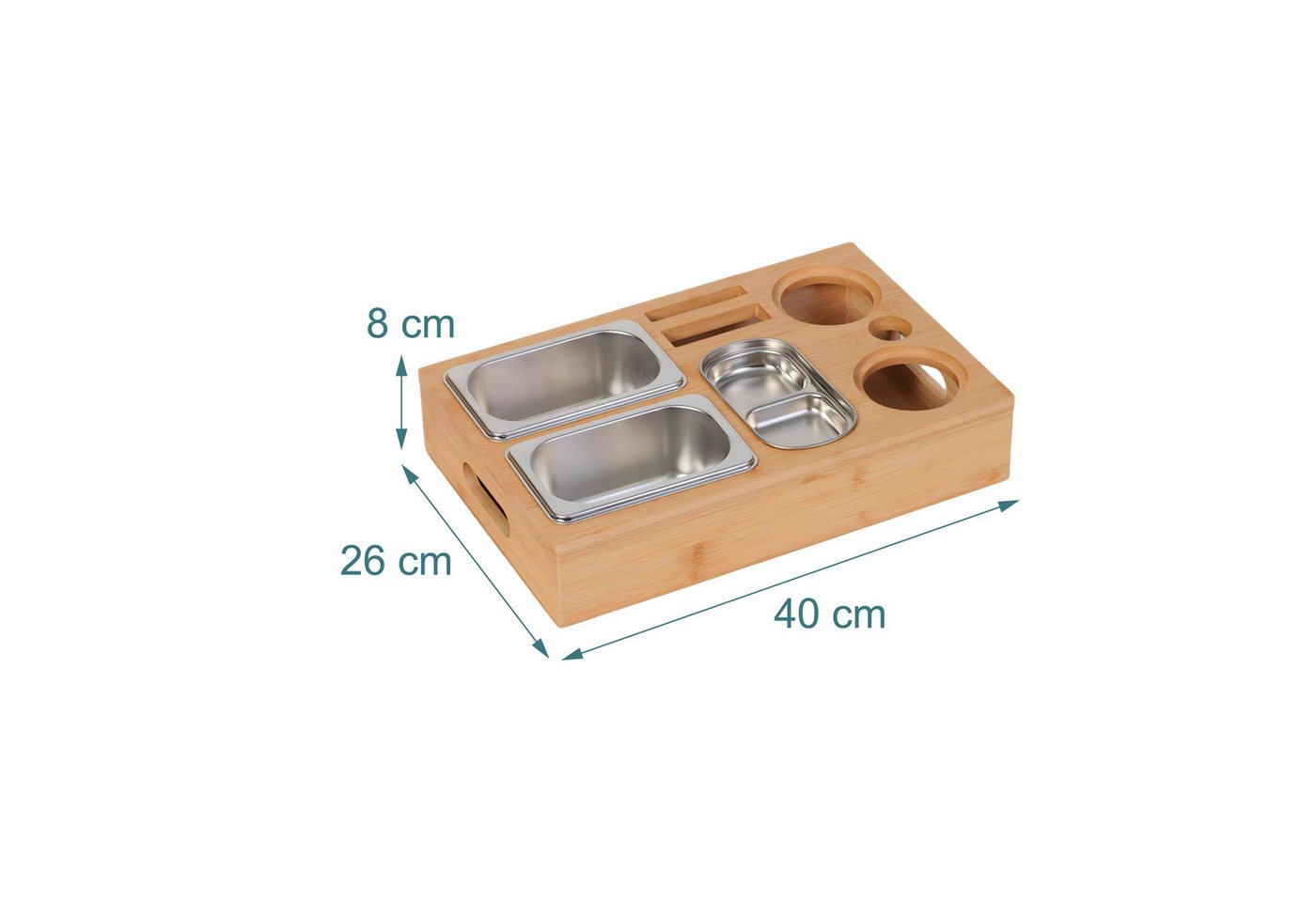 relaxdays Tablett Couchbar mit 3 Edelstahl-Snackschalen, Bambus, (4-tlg), natur – Bild 4 von 5