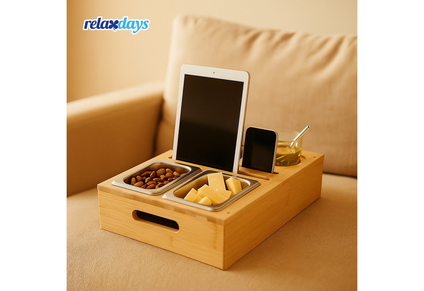 relaxdays Tabletttisch Couchbar mit Snackschalen (6-St), natur – Bild 3 von 5