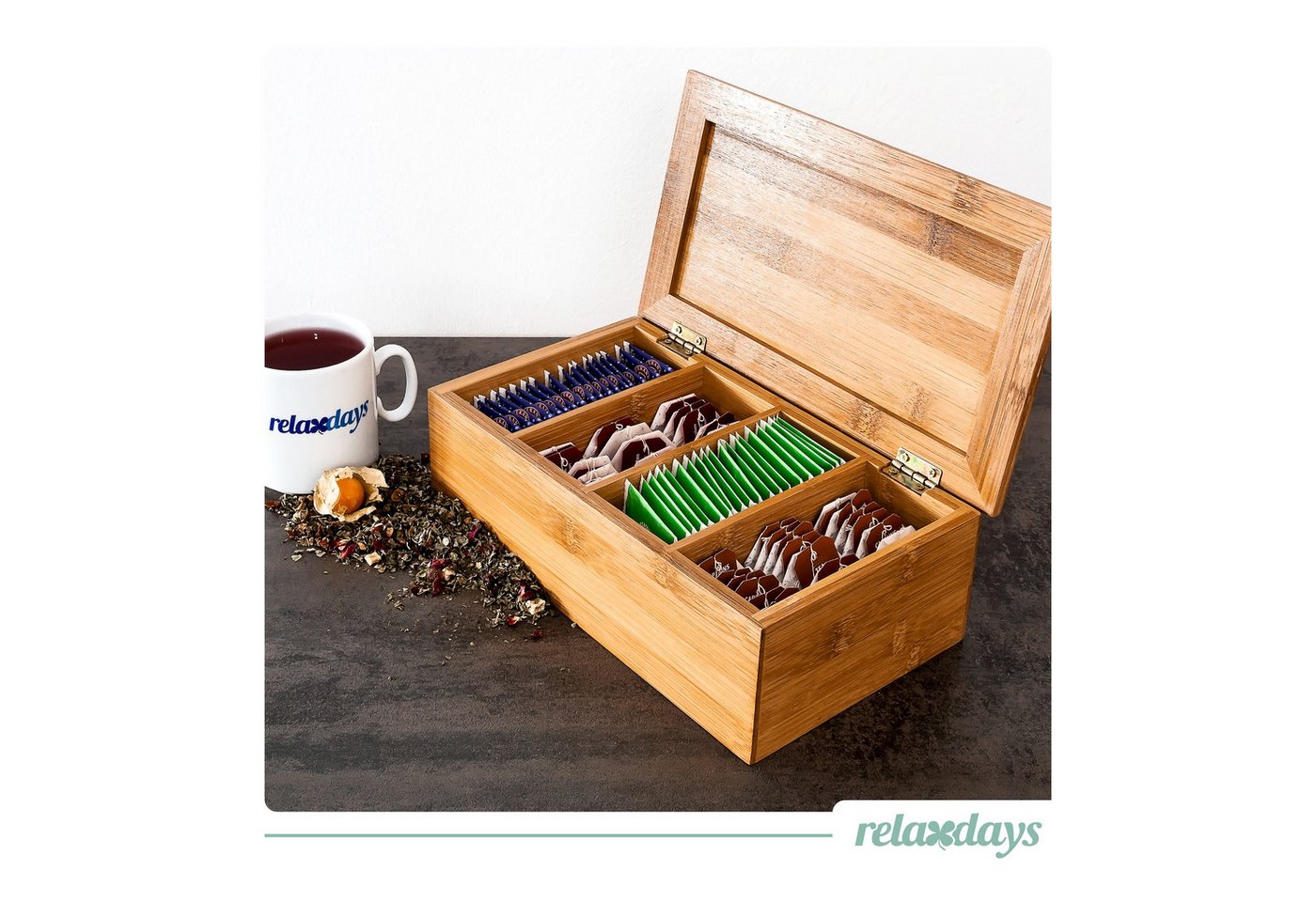 relaxdays Teebox Bambus lackiert 4 Fächer, Bambus, (1-tlg) – Bild 2 von 5