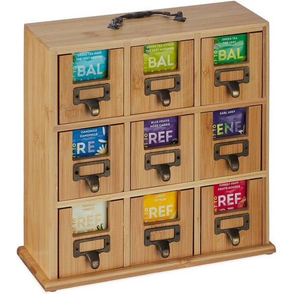 relaxdays Teebox Bambus Tee-Organizer mit 9 Fächern, Bambus, (1-tlg)