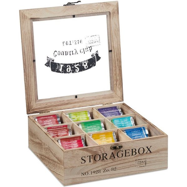 relaxdays Teebox Holz 9 Fächer, Holz, (1-tlg)