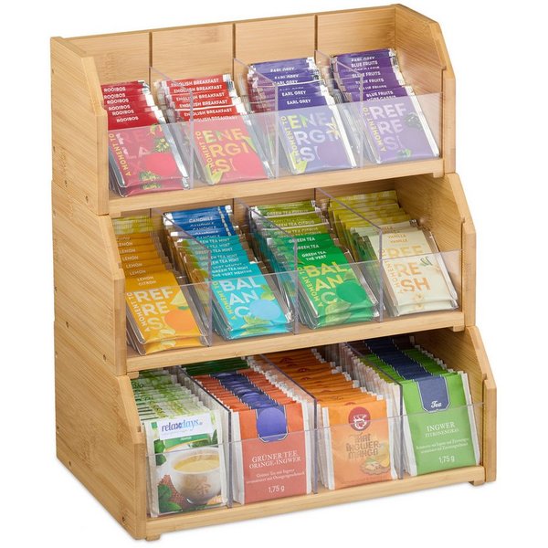 relaxdays Teebox Tee Organizer 12 Fächer Bambus, Bambus, (12-tlg)